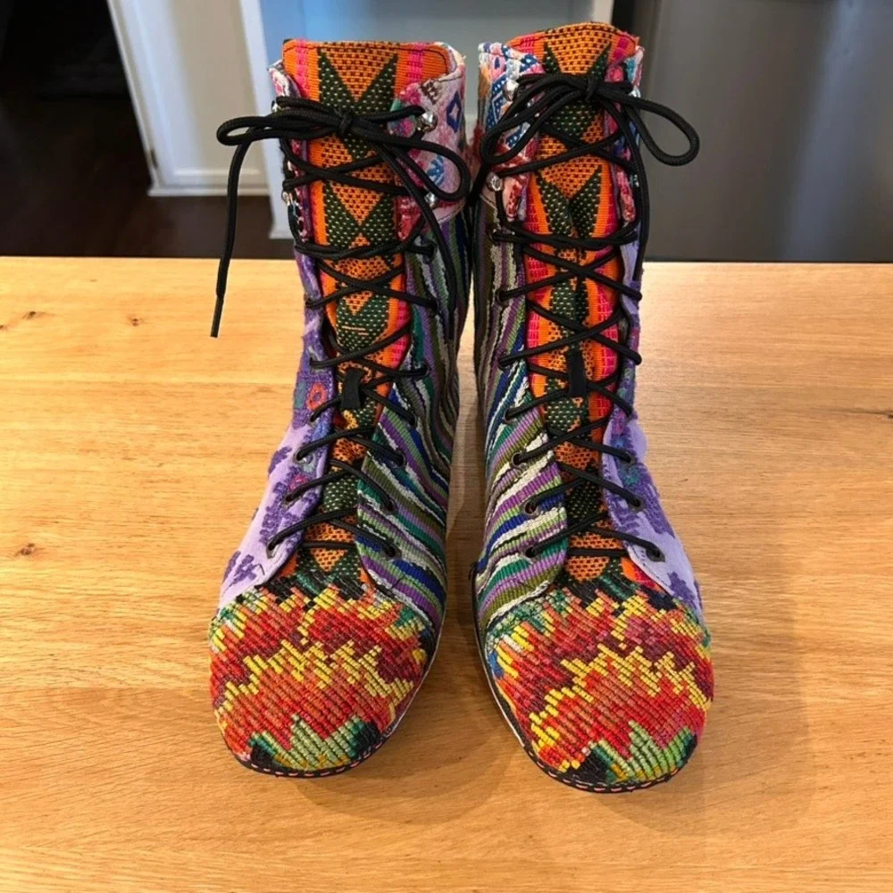 Handmade Guatemalan Huipil Boots Mens 11.5 45 Multi Color Woven Textile Lace Up